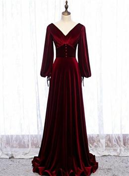 Picture of Burgundy Velvet Long Sleeves A-line Prom Dresses, Long Simple Bridesmaid Dress